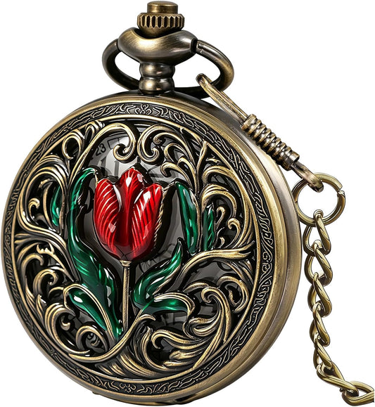 Vintage 3D Flower Quartz Pocket Watch with Chain