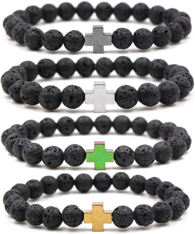 Softones 4PCS Cross Beads Bracelet for Men Women 8mm Healing Lava Stone Stretch Bracelets,7.5"