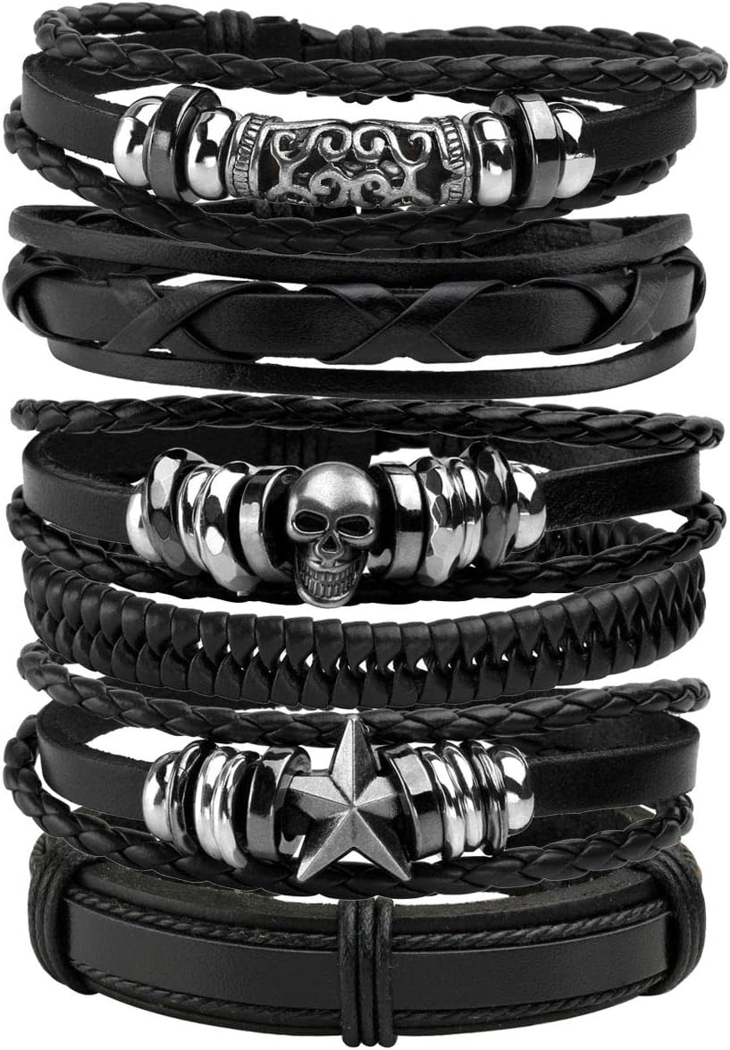6-12PCS Braided Faux Leather Bracelet Punk Cuff Wrap Bracelets for Men Women Adjustable
