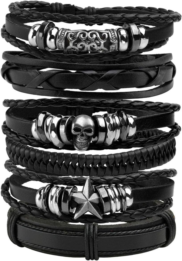 6-12PCS Braided Faux Leather Bracelet Punk Cuff Wrap Bracelets for Men Women Adjustable
