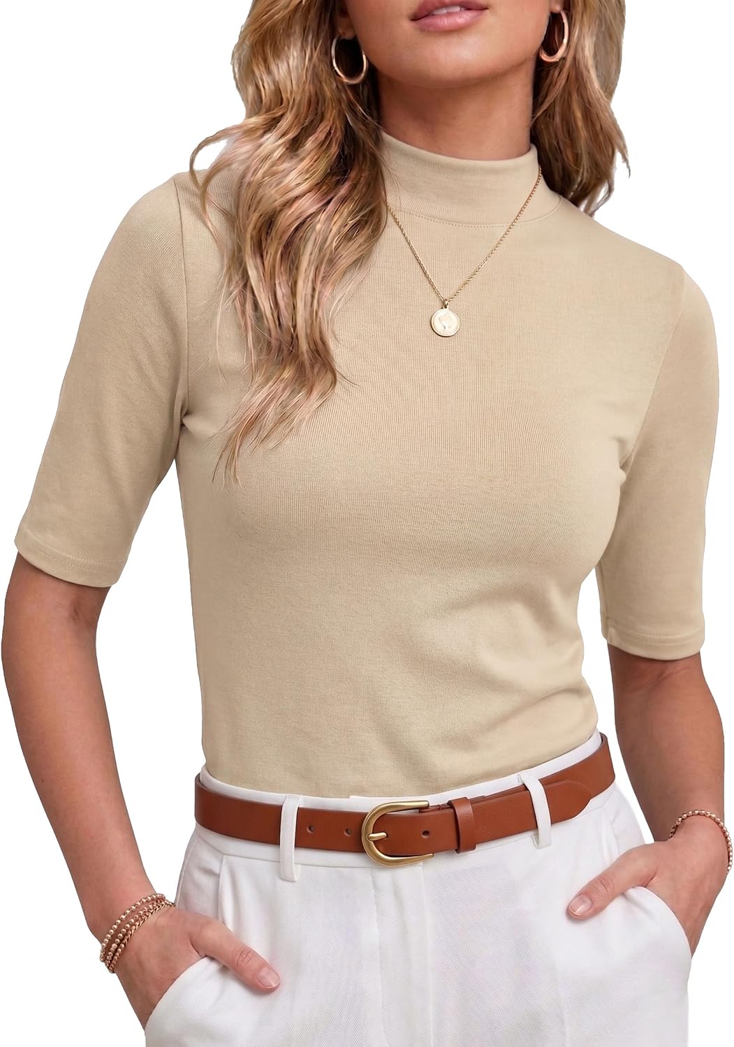 PrinStory Womens Tops Mock Neck Short Sleeve T Shirts Dressy Casual Ribbed Knit Slim Fit Summer Business Going Out Tops 2026