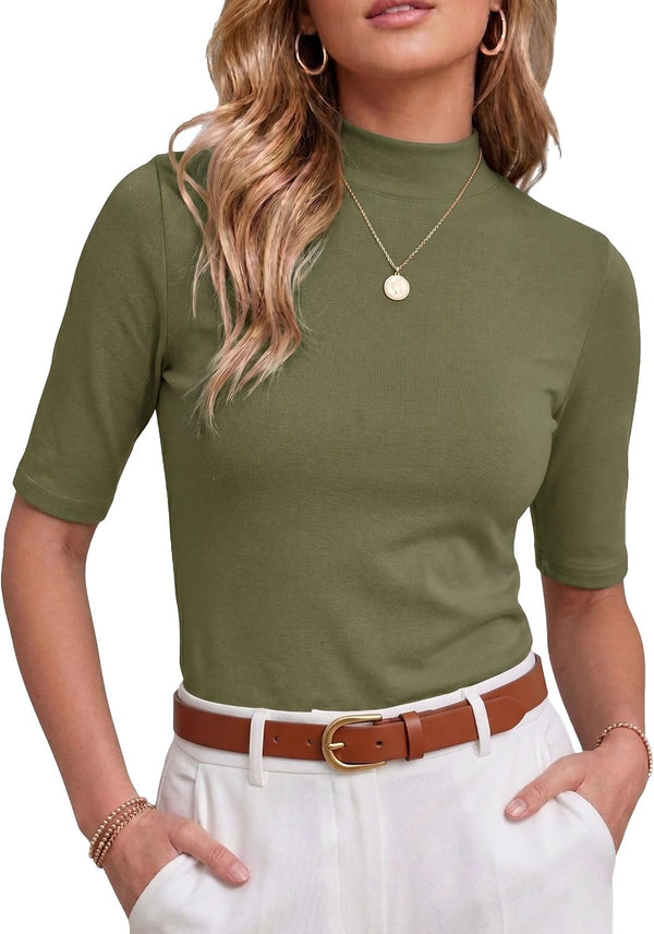 PrinStory Womens Tops Mock Neck Short Sleeve T Shirts Dressy Casual Ribbed Knit Slim Fit Summer Business Going Out Tops 2026