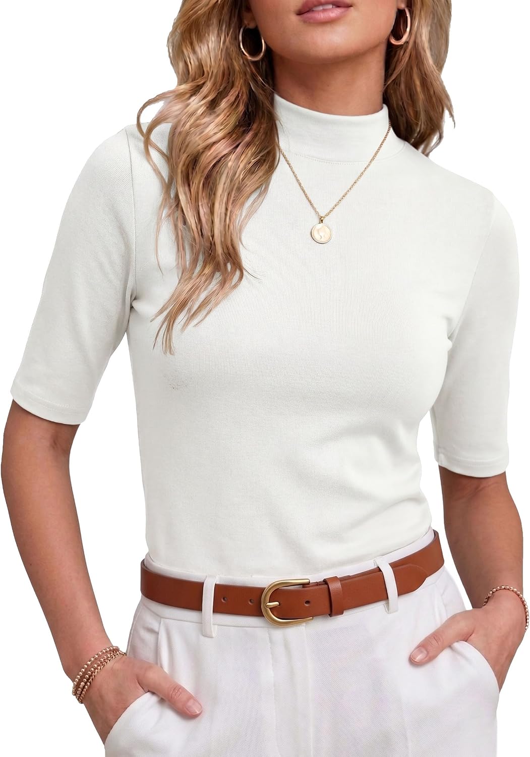 PrinStory Womens Tops Mock Neck Short Sleeve T Shirts Dressy Casual Ribbed Knit Slim Fit Summer Business Going Out Tops 2026