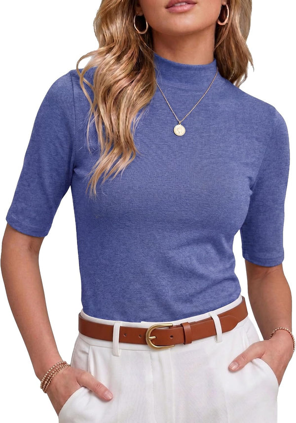PrinStory Womens Tops Mock Neck Short Sleeve T Shirts Dressy Casual Ribbed Knit Slim Fit Summer Business Going Out Tops 2026