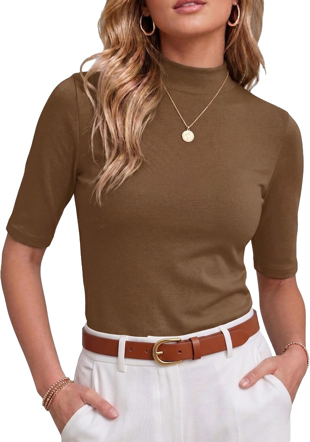 PrinStory Womens Tops Mock Neck Short Sleeve T Shirts Dressy Casual Ribbed Knit Slim Fit Summer Business Going Out Tops 2026