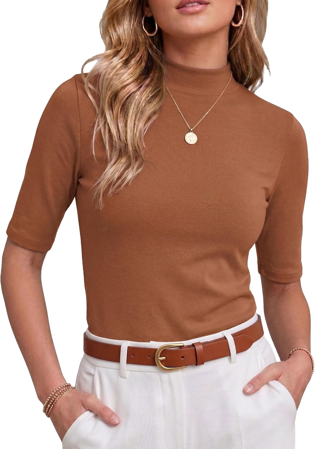 PrinStory Womens Tops Mock Neck Short Sleeve T Shirts Dressy Casual Ribbed Knit Slim Fit Summer Business Going Out Tops 2026