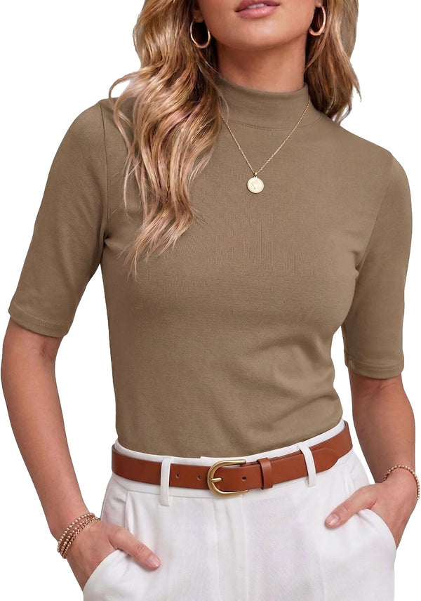 PrinStory Womens Tops Mock Neck Short Sleeve T Shirts Dressy Casual Ribbed Knit Slim Fit Summer Business Going Out Tops 2026