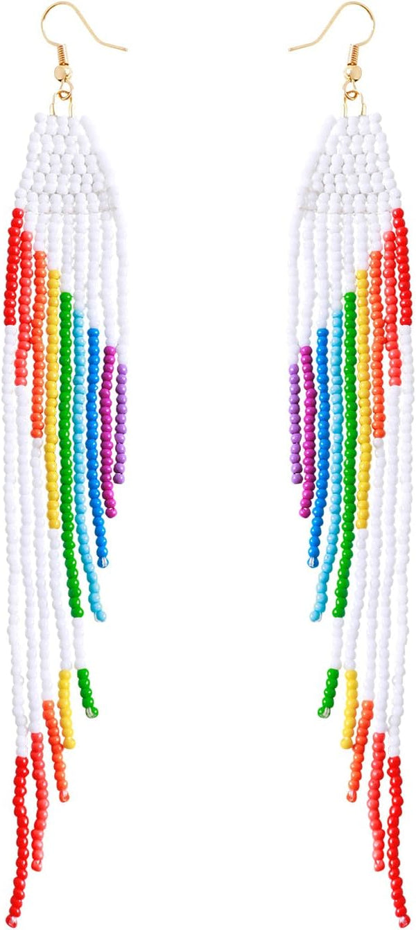 Long Beaded Tassel Boho Statement Earrings