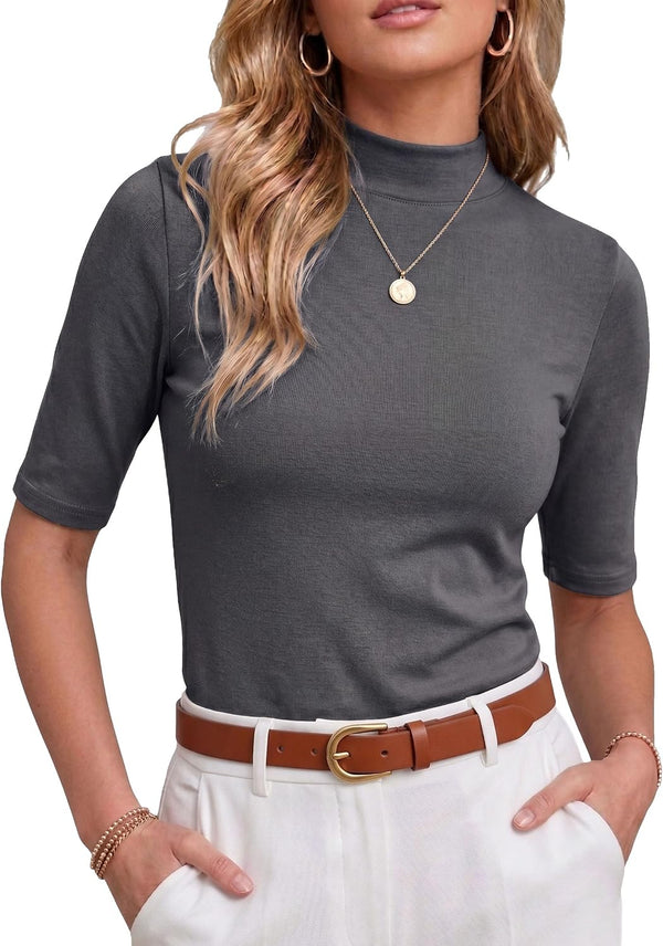 PrinStory Womens Tops Mock Neck Short Sleeve T Shirts Dressy Casual Ribbed Knit Slim Fit Summer Business Going Out Tops 2026