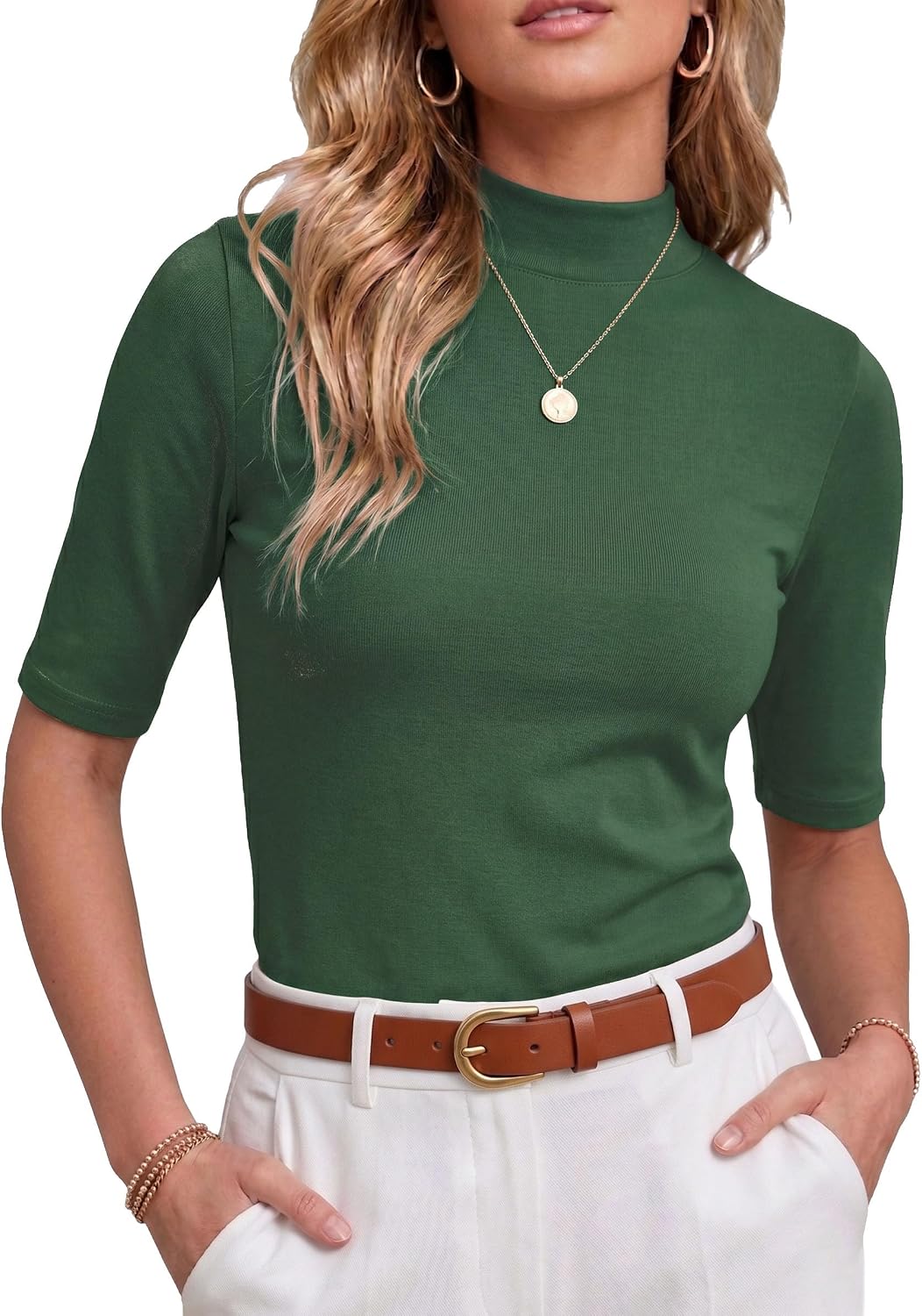 PrinStory Womens Tops Mock Neck Short Sleeve T Shirts Dressy Casual Ribbed Knit Slim Fit Summer Business Going Out Tops 2026