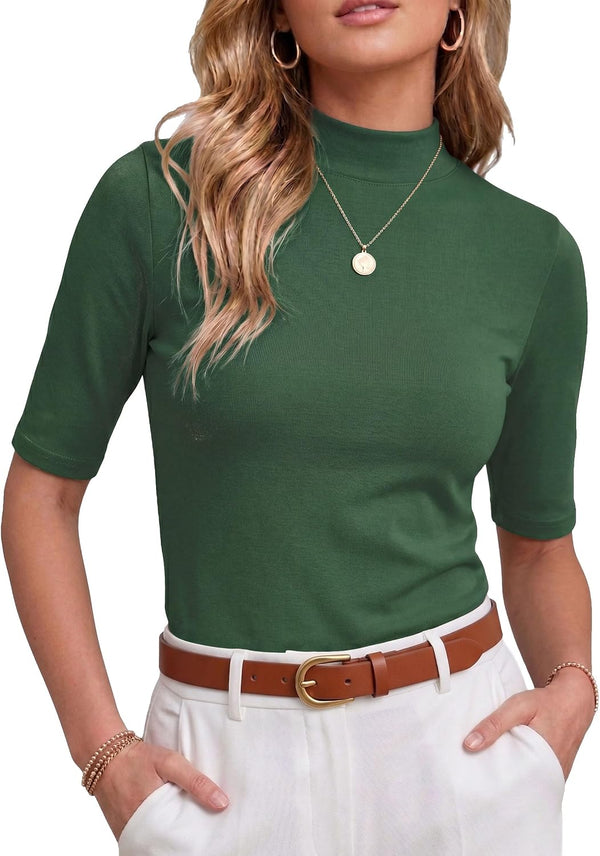 PrinStory Womens Tops Mock Neck Short Sleeve T Shirts Dressy Casual Ribbed Knit Slim Fit Summer Business Going Out Tops 2026