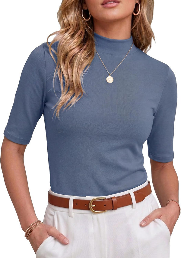 PrinStory Womens Tops Mock Neck Short Sleeve T Shirts Dressy Casual Ribbed Knit Slim Fit Summer Business Going Out Tops 2026