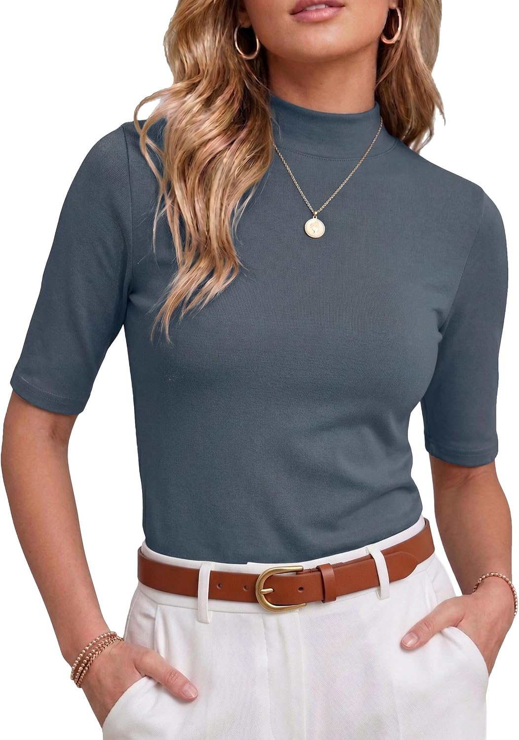 PrinStory Womens Tops Mock Neck Short Sleeve T Shirts Dressy Casual Ribbed Knit Slim Fit Summer Business Going Out Tops 2026