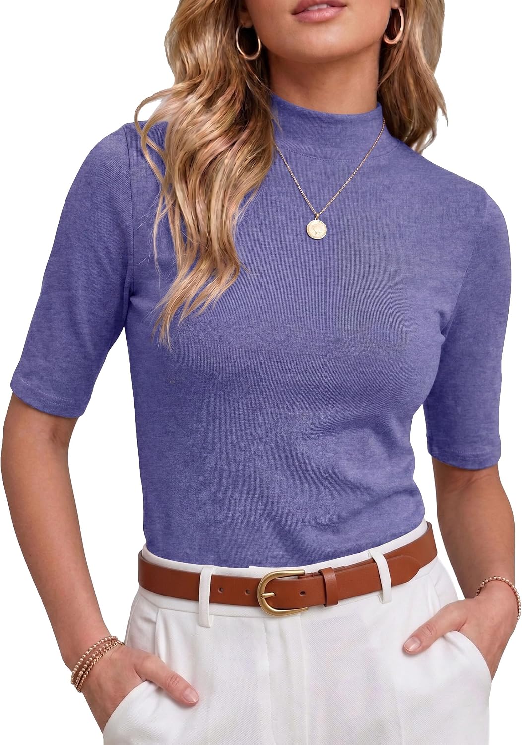 PrinStory Womens Tops Mock Neck Short Sleeve T Shirts Dressy Casual Ribbed Knit Slim Fit Summer Business Going Out Tops 2026