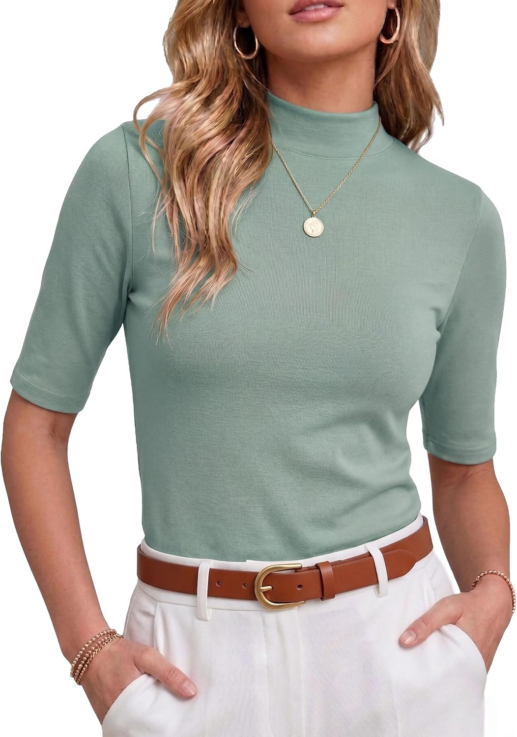 PrinStory Womens Tops Mock Neck Short Sleeve T Shirts Dressy Casual Ribbed Knit Slim Fit Summer Business Going Out Tops 2026