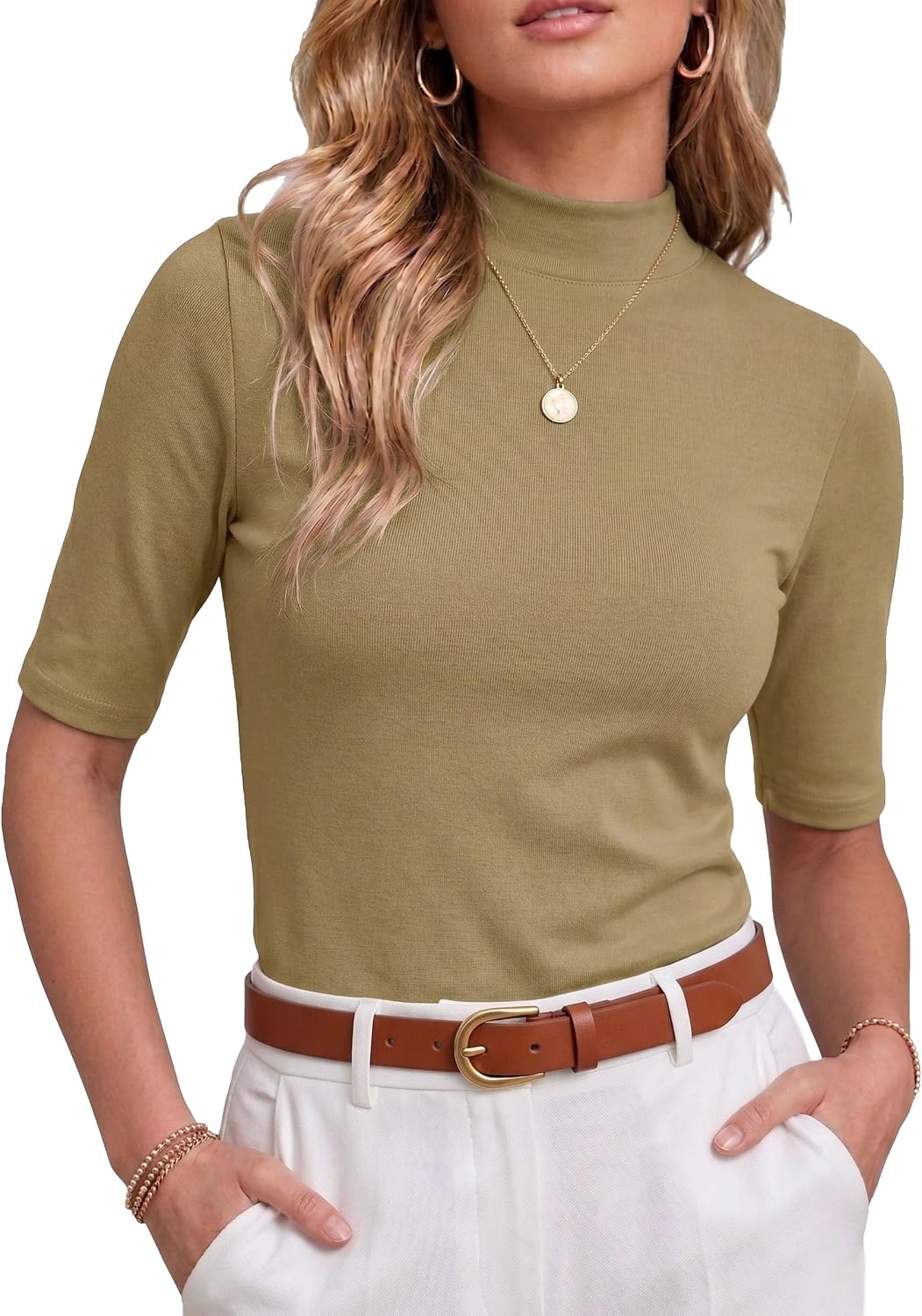 PrinStory Womens Tops Mock Neck Short Sleeve T Shirts Dressy Casual Ribbed Knit Slim Fit Summer Business Going Out Tops 2026