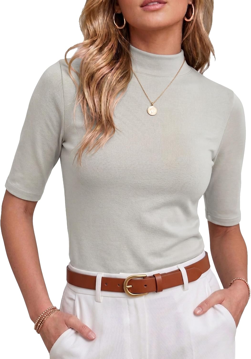 PrinStory Womens Tops Mock Neck Short Sleeve T Shirts Dressy Casual Ribbed Knit Slim Fit Summer Business Going Out Tops 2026
