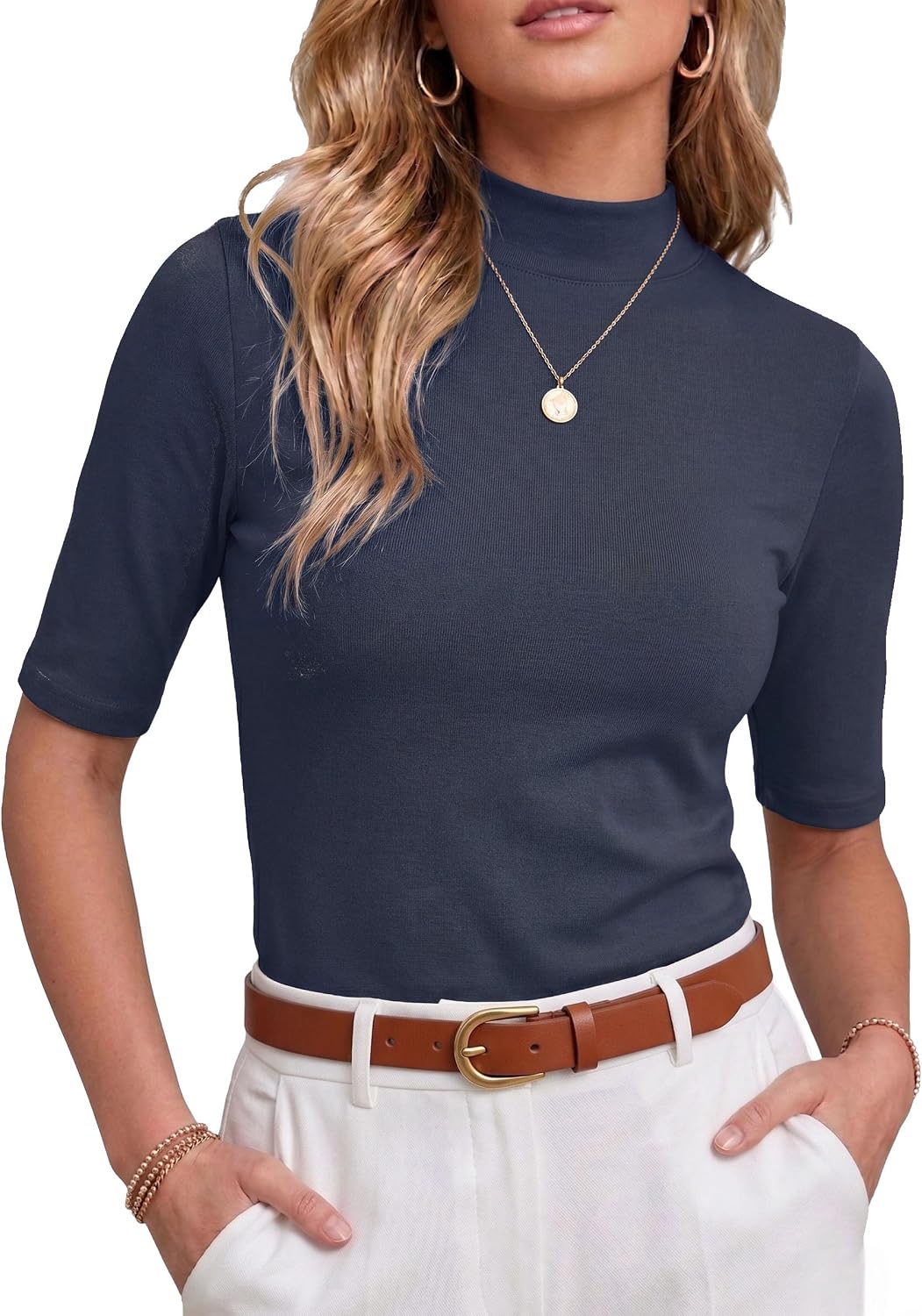 PrinStory Womens Tops Mock Neck Short Sleeve T Shirts Dressy Casual Ribbed Knit Slim Fit Summer Business Going Out Tops 2026