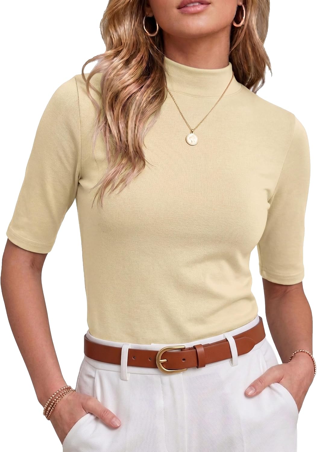 PrinStory Womens Tops Mock Neck Short Sleeve T Shirts Dressy Casual Ribbed Knit Slim Fit Summer Business Going Out Tops 2026
