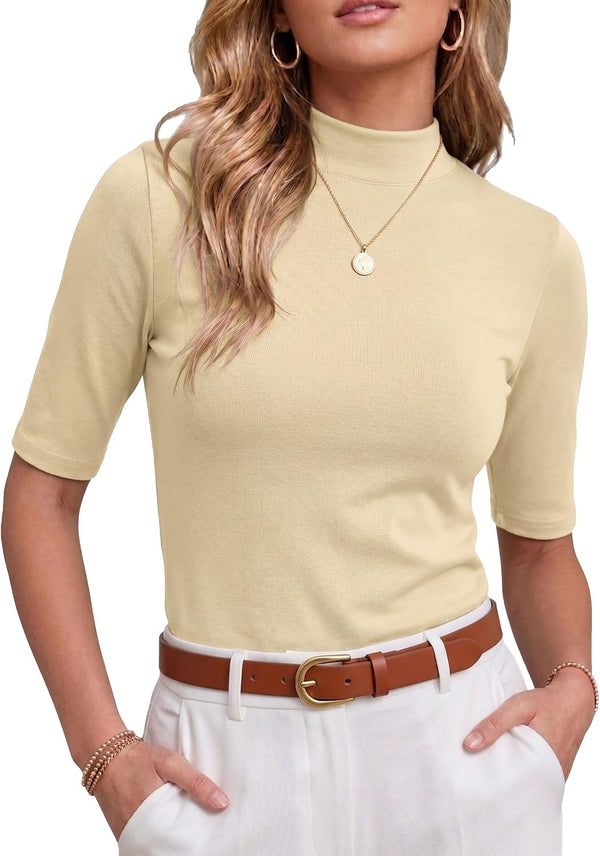 PrinStory Womens Tops Mock Neck Short Sleeve T Shirts Dressy Casual Ribbed Knit Slim Fit Summer Business Going Out Tops 2026