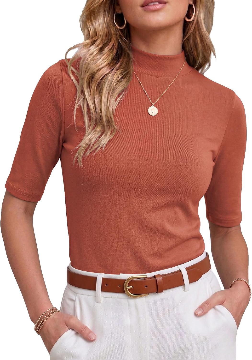 PrinStory Womens Tops Mock Neck Short Sleeve T Shirts Dressy Casual Ribbed Knit Slim Fit Summer Business Going Out Tops 2026