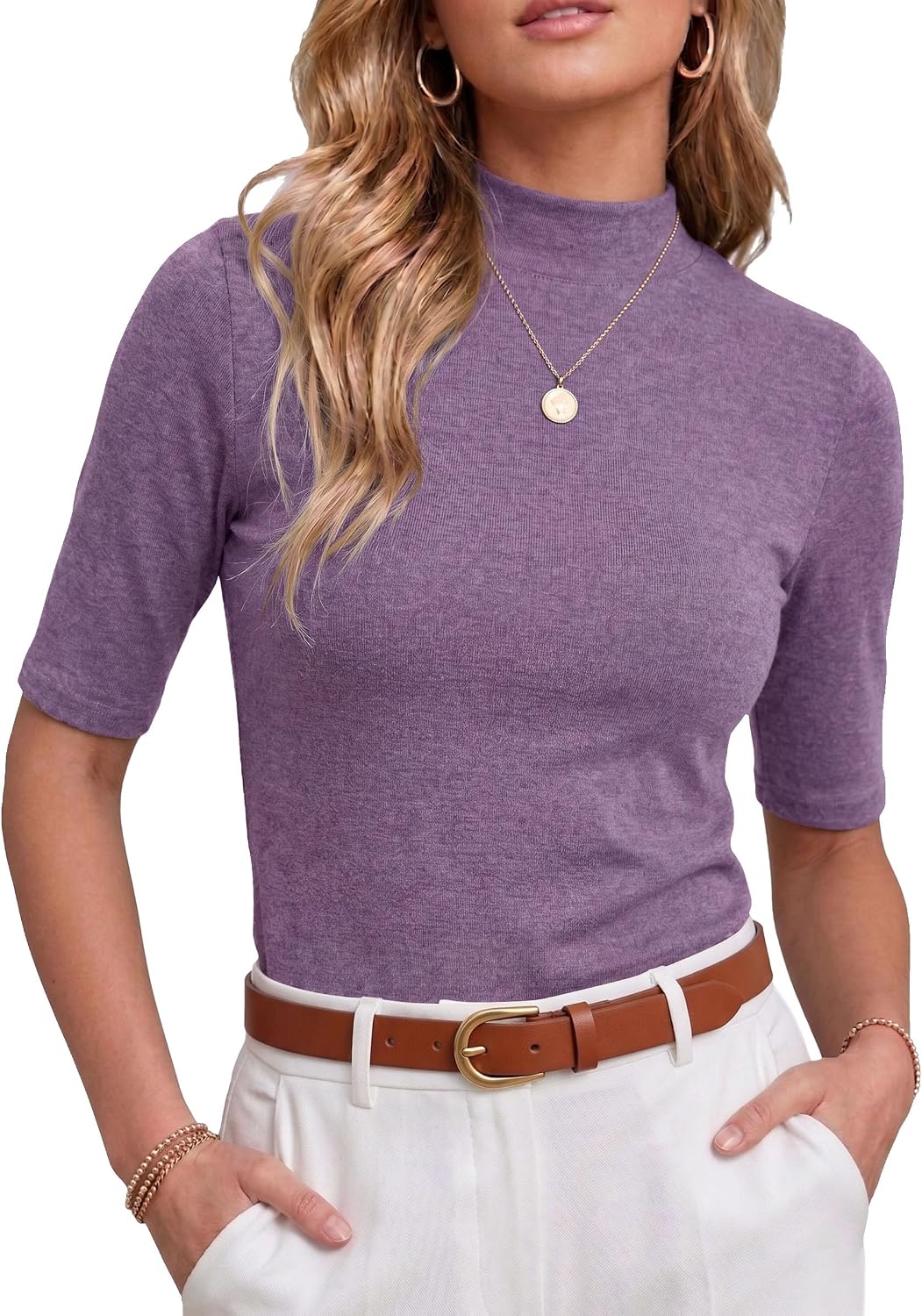 PrinStory Womens Tops Mock Neck Short Sleeve T Shirts Dressy Casual Ribbed Knit Slim Fit Summer Business Going Out Tops 2026