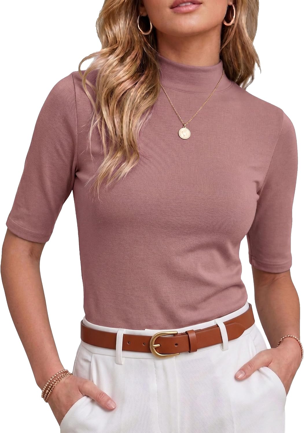 PrinStory Womens Tops Mock Neck Short Sleeve T Shirts Dressy Casual Ribbed Knit Slim Fit Summer Business Going Out Tops 2026