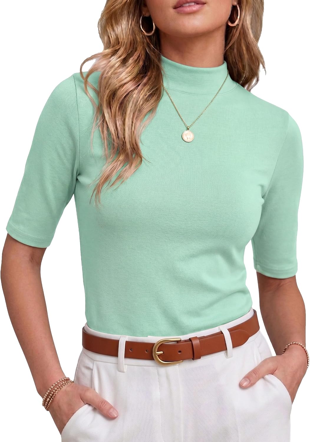 PrinStory Womens Tops Mock Neck Short Sleeve T Shirts Dressy Casual Ribbed Knit Slim Fit Summer Business Going Out Tops 2026