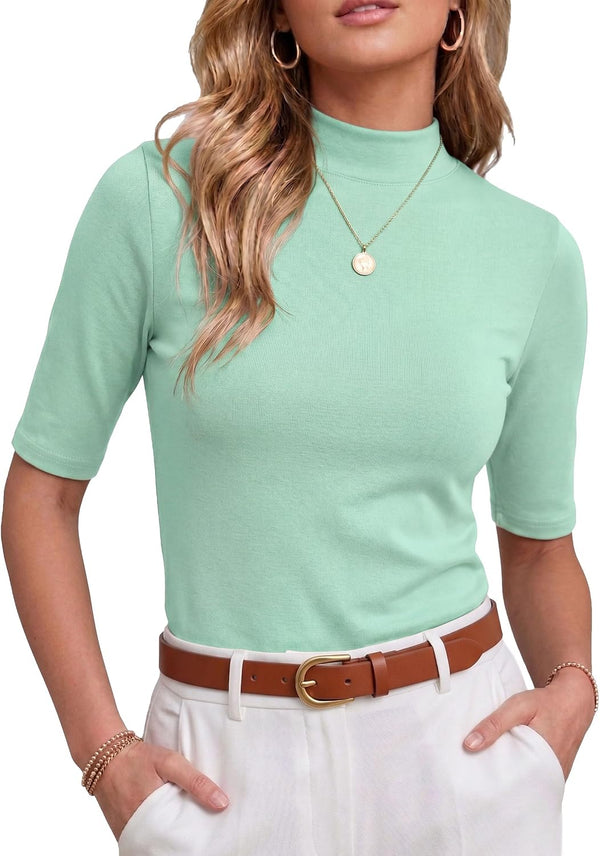 PrinStory Womens Tops Mock Neck Short Sleeve T Shirts Dressy Casual Ribbed Knit Slim Fit Summer Business Going Out Tops 2026