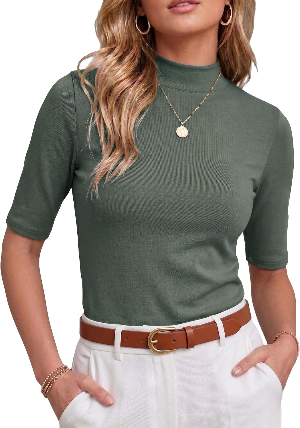 PrinStory Womens Tops Mock Neck Short Sleeve T Shirts Dressy Casual Ribbed Knit Slim Fit Summer Business Going Out Tops 2026