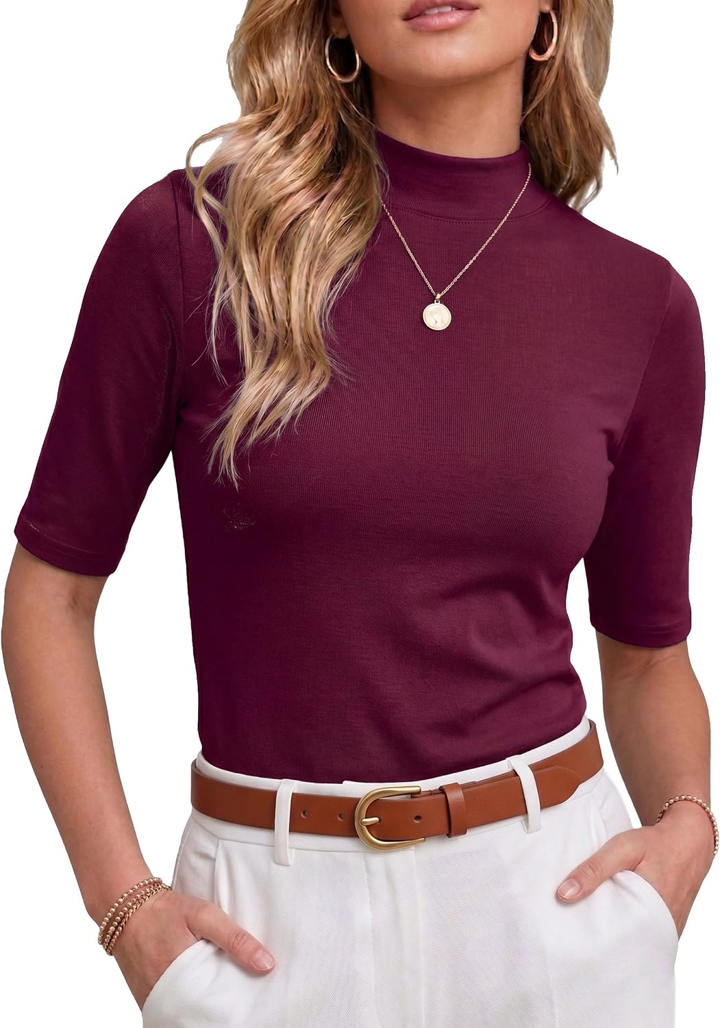 PrinStory Womens Tops Mock Neck Short Sleeve T Shirts Dressy Casual Ribbed Knit Slim Fit Summer Business Going Out Tops 2026