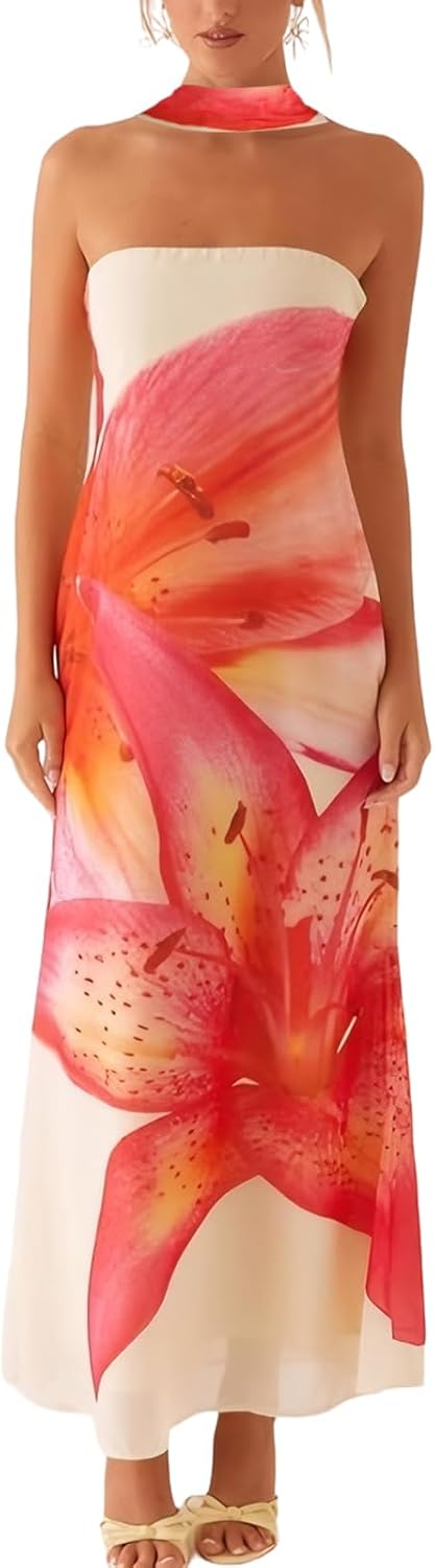 Women Floral Tube Maxi Dress with Scarf Summer Strapless Tube Bodycon Mesh Layer Cocktail Party Wedding Guest Dress