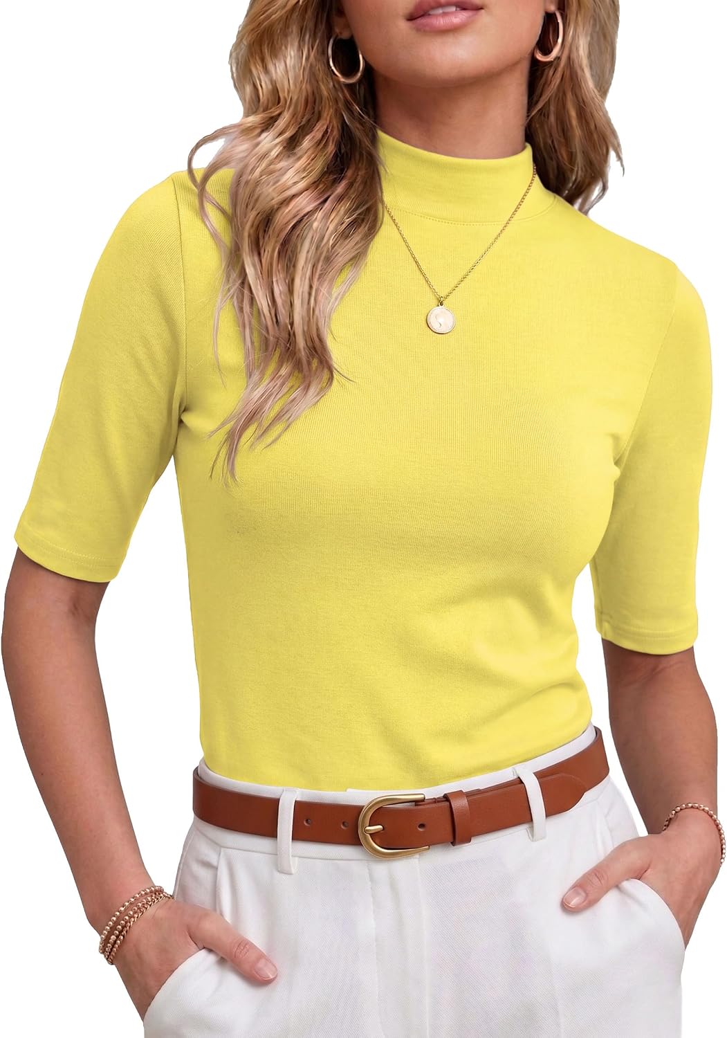 PrinStory Womens Tops Mock Neck Short Sleeve T Shirts Dressy Casual Ribbed Knit Slim Fit Summer Business Going Out Tops 2026