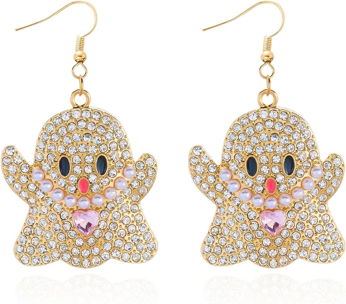Halloween Pumpkin Ghost Earrings Sparkly Rhinestone Dangle Earring for Women