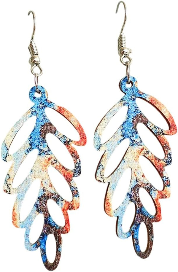 Wooden Palm Leaf Drop Dangle Earrings