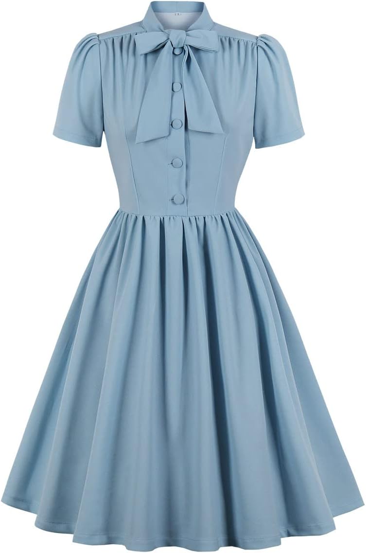 1950s Dresses for Women Vintage Rockabilly Retro Short Sleeve Tie Midi Dress Cocktail Party Evening Prom Gown
