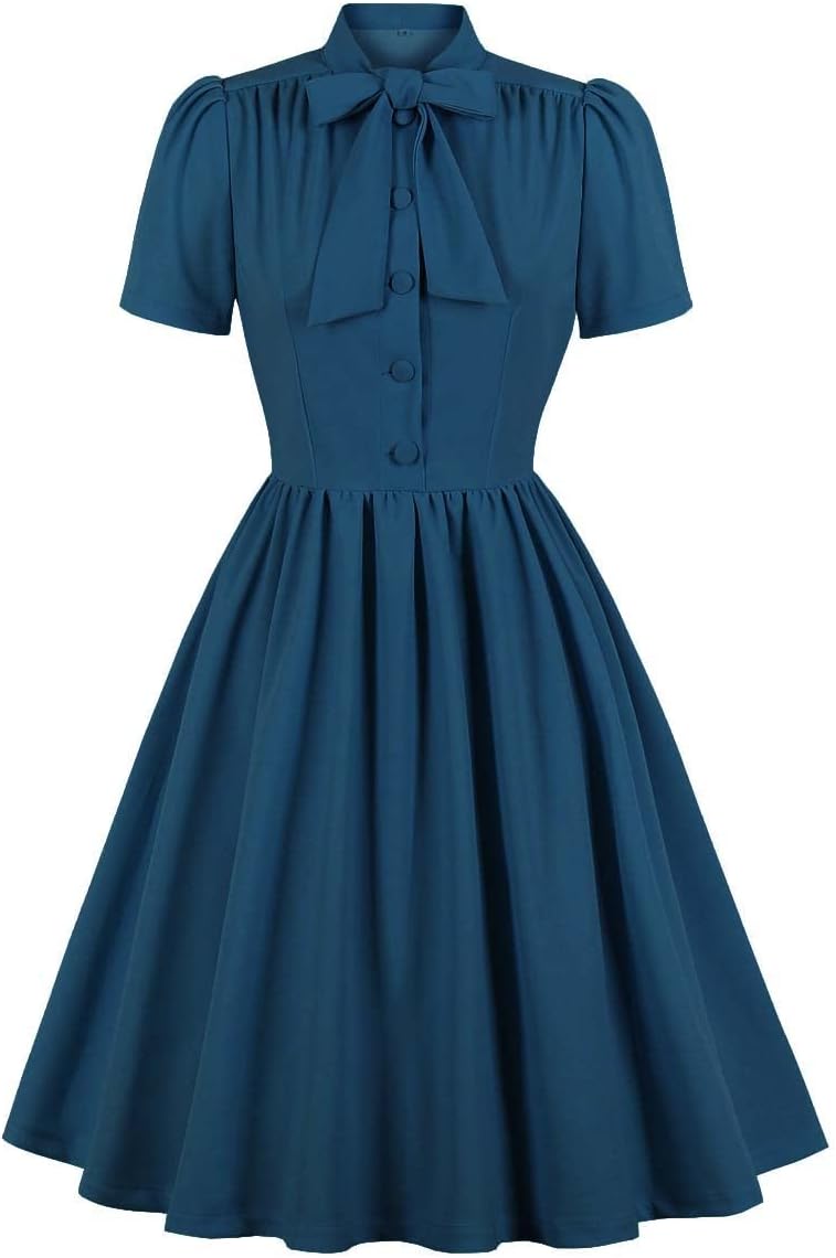 1950s Dresses for Women Vintage Rockabilly Retro Short Sleeve Tie Midi Dress Cocktail Party Evening Prom Gown
