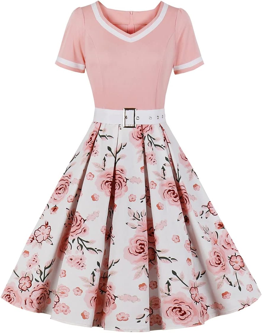 Women 1950s Vintage Short Sleeve Peter Pan Collar Retro Swing A Line Midi Summer Dress Cocktail Party Evening Prom Gown Main image