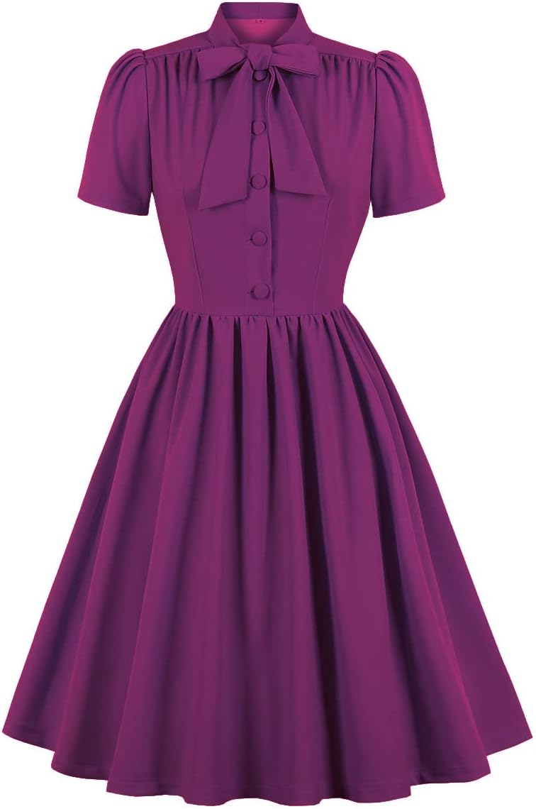 1950s Dresses for Women Vintage Rockabilly Retro Short Sleeve Tie Midi Dress Cocktail Party Evening Prom Gown