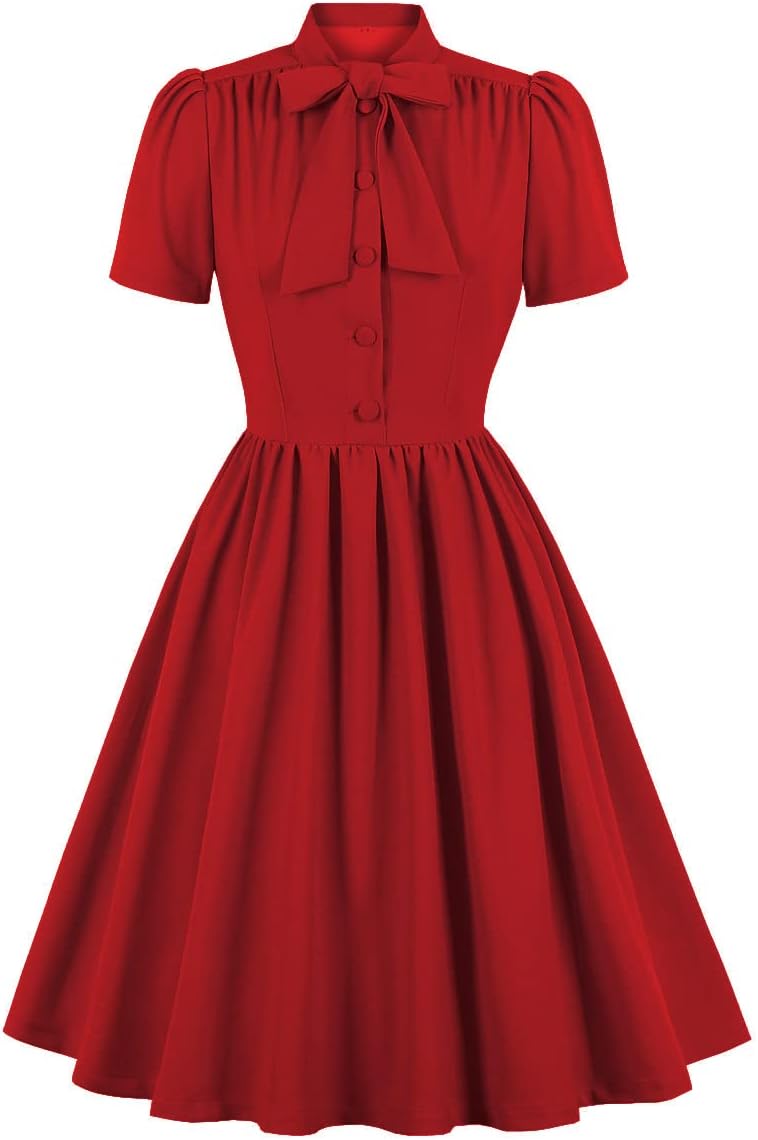 1950s Dresses for Women Vintage Rockabilly Retro Short Sleeve Tie Midi Dress Cocktail Party Evening Prom Gown