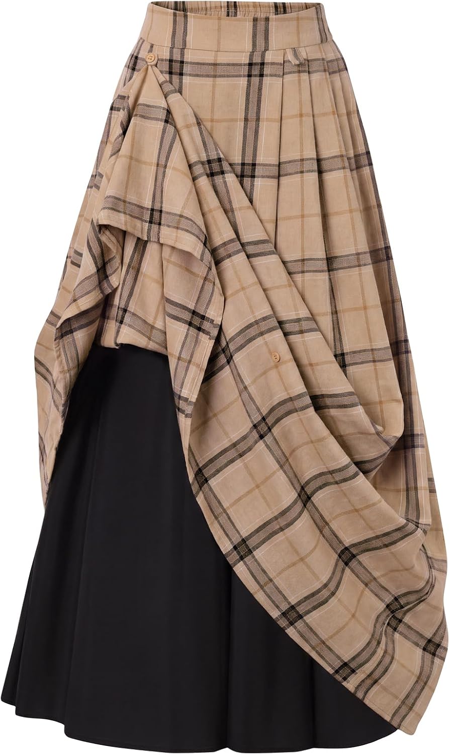 Scarlet Darkness Plaid Skirts for Women High Waist Layered Long Skirt