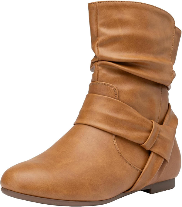 Women's Slouch Ankle Boots, Flat Low Heel Side Zip Booties 939A