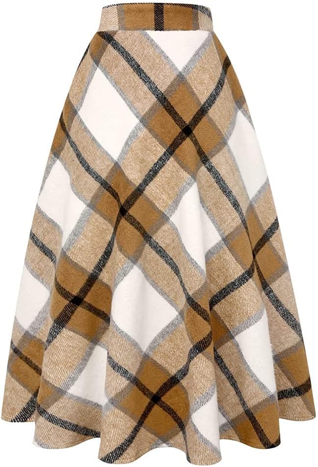 Long Plaid Wool Skirt for Womens Winter Fall Warm High Elastic Waist A line Flared Pleated Wool Tartan Skirts