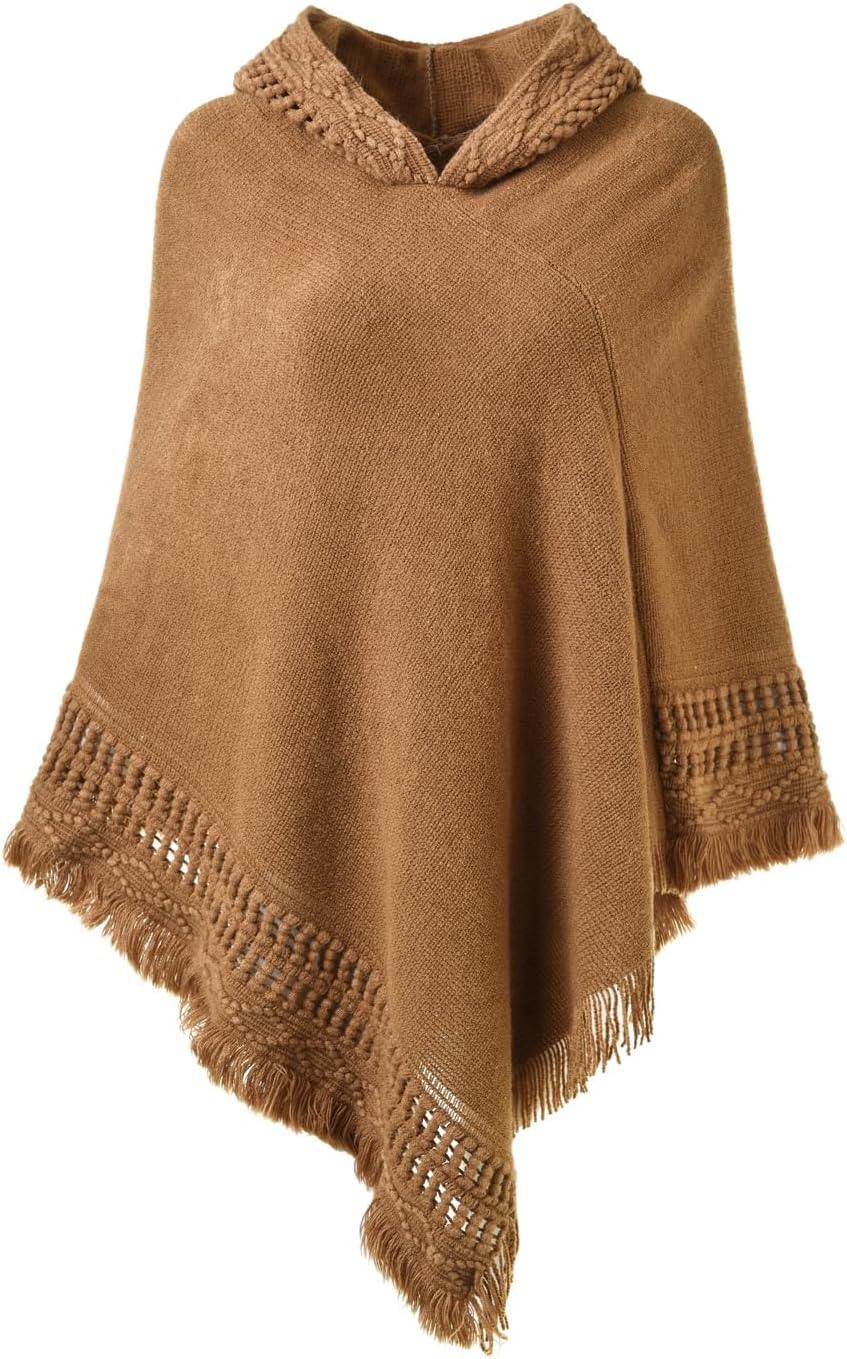 Ferand Women's Witchy Hooded Knit Poncho with Fringe
