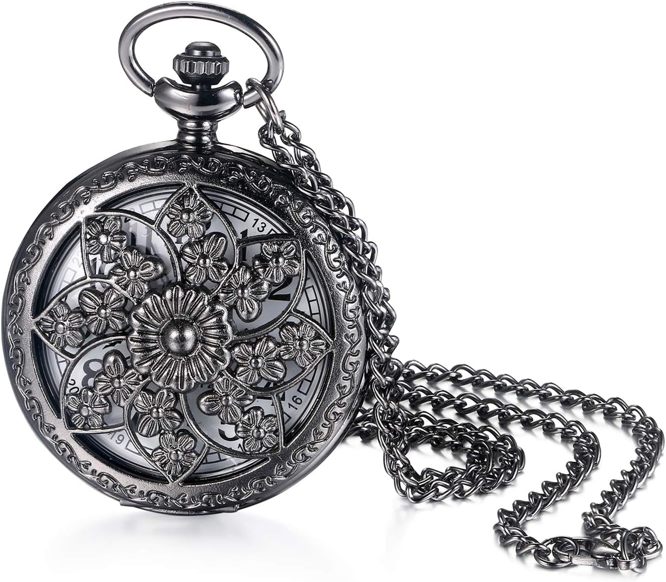 JewelryWe Bronze Flower Pocket Watch: Retro Vintage Pendant Watch with