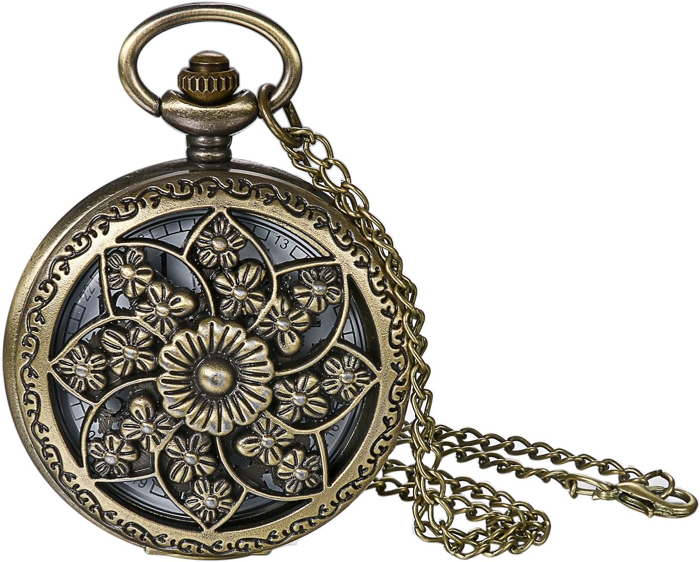 JewelryWe Bronze Flower Pocket Watch: Retro Vintage Pendant Watch with