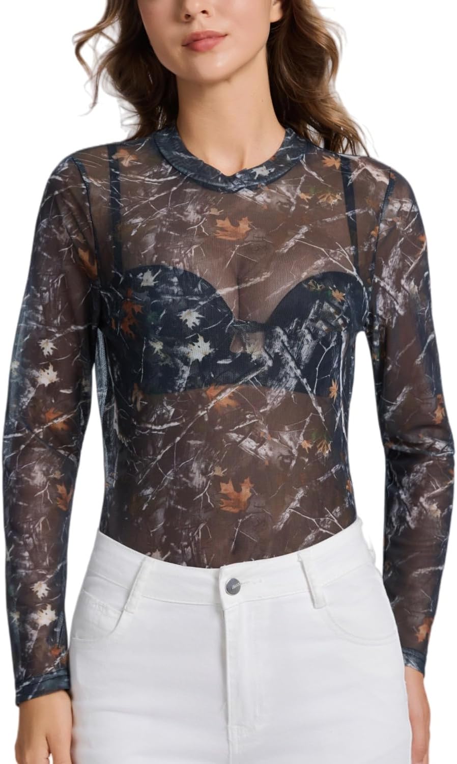 Womens Mesh Long Sleeve Tops Mock Neck Sexy Sheer See Through Tee Shirts Party Club Night Lace Blouse