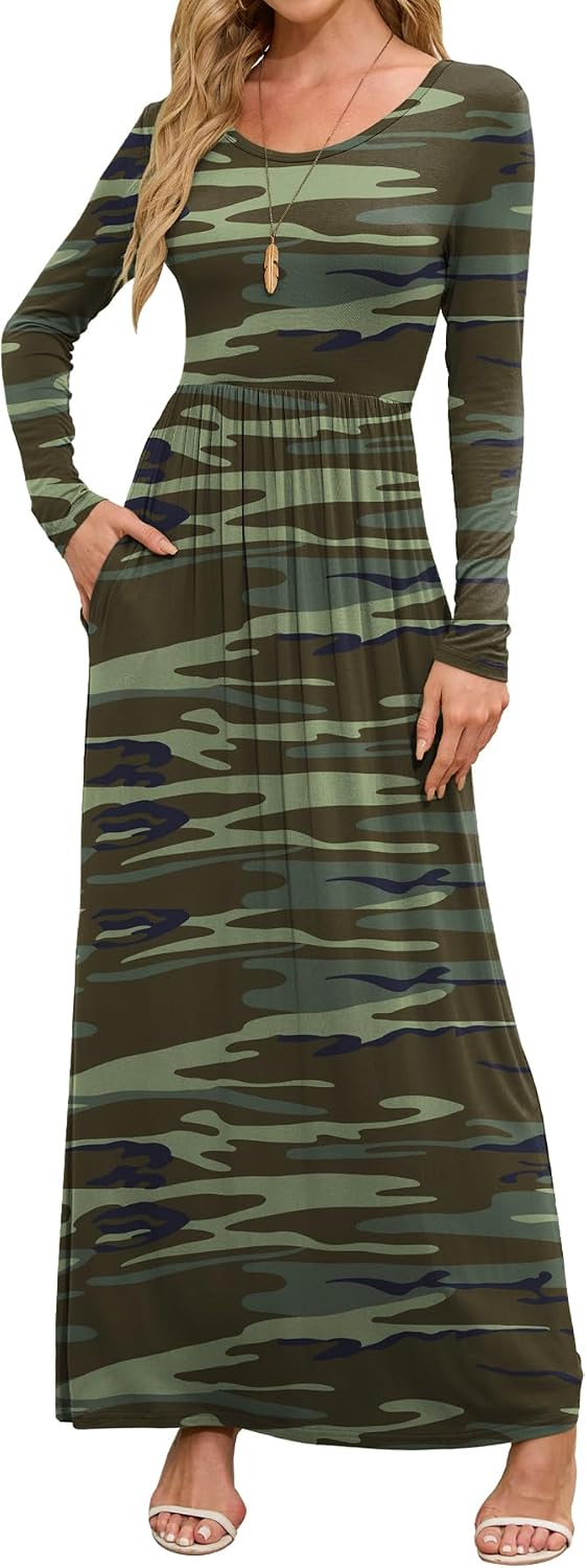 DEARCASE Women's Maxi Dress Long Sleeve Crewneck Empire Waist Long Dresses