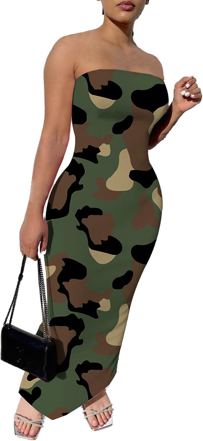 PINSV Women Maxi Strapless Dress Bodycon Tube Dresses