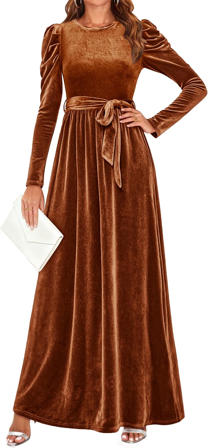 ZESICA Womens Winter Velvet Long Puff Sleeve Maxi Dress